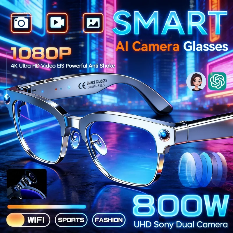 

4K HD Smart Glasses for Men with Camera Video Recording AI Photo Recognition Bluetooth Call Function And Voice Control Sunglasse