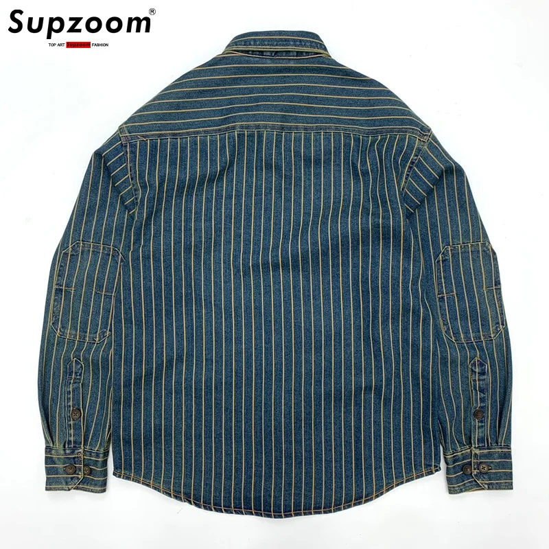 Supzoom 2022 New Arrival Top Fashion Brand Clothing Denim Full Turn-down Collar Open Stitch Striped Men Chemise Casual Shirts