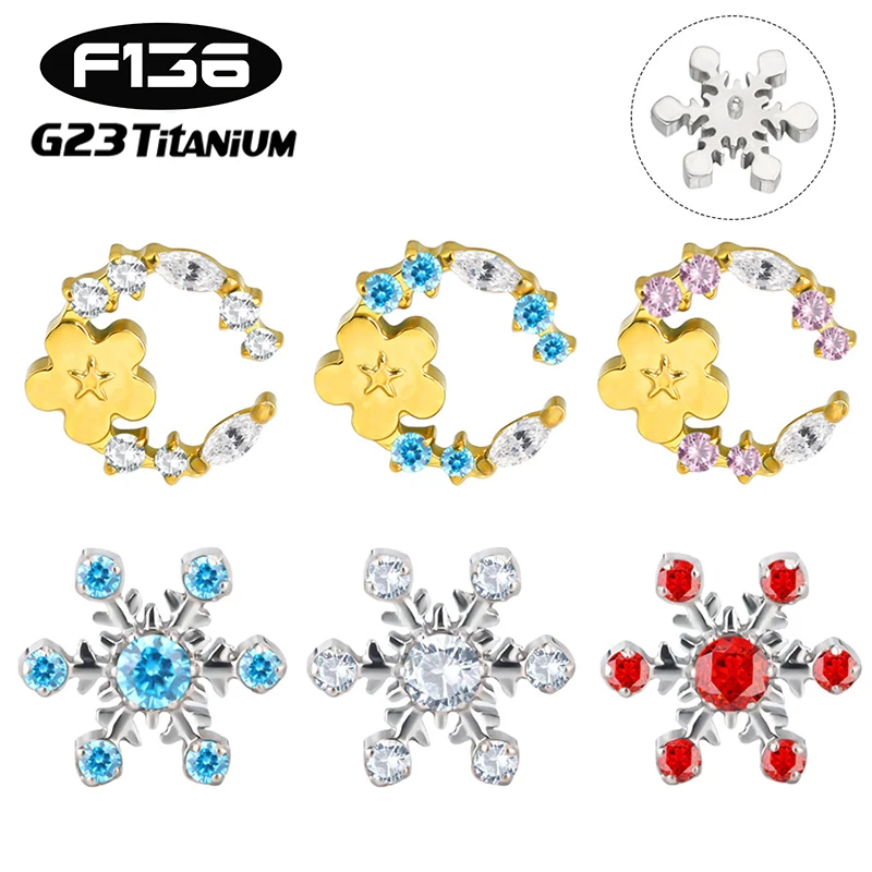 1PC G23 Titanium 16G Snowflakes CZ Labret Stud Internal Thread Tragus Cartilage Earring Flatback Helix Conch Piercing Jewelry