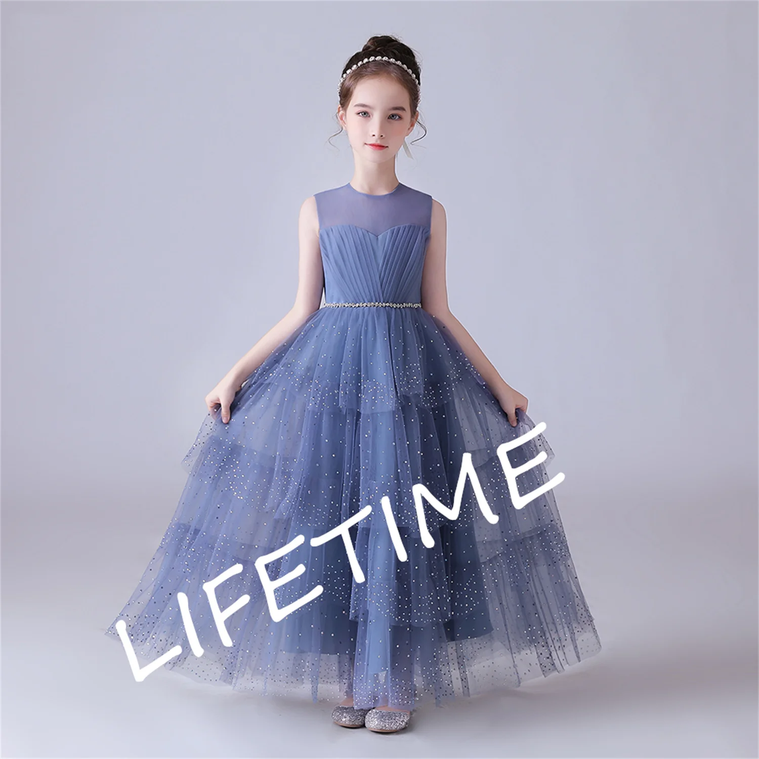 

Dusty Blue Beaded Sleeveless Pleated Tulle Flower Girl Dress A Line Floor Length Junior Bridesmaid Gown Princess