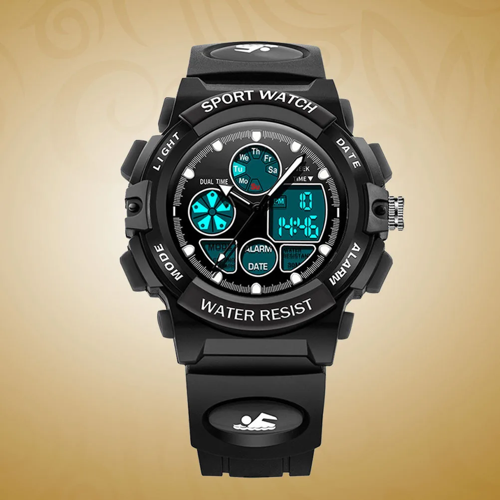 Digital Watch 30M Waterproof Large Dial LED Light Alarm Calendar Stopwatch Dual Time Wristwatch Black for