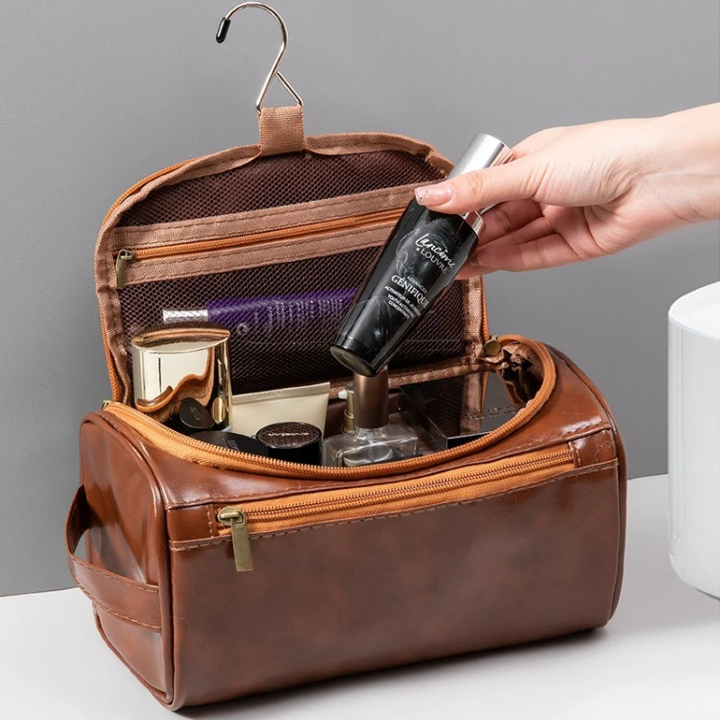 Leather Travel Toiletry Bag for Men Women, Large Capacity Cosmetic Organizer with Hanging Hook, Waterproof Makeup Storage Bag Po