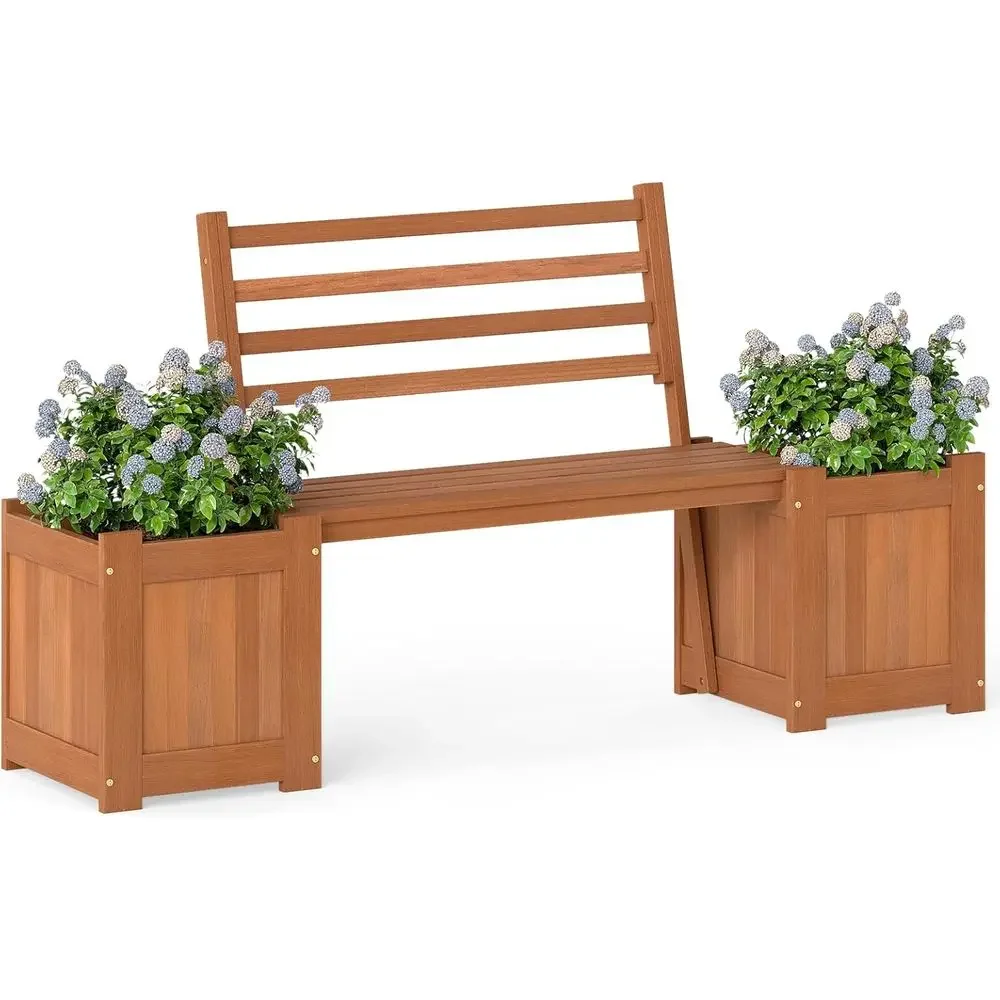 Outdoor Planter Bench with Teak Oil Finish Wood Seat, 2-Bed Garden Box with Backrest for Balcony & Porch Decor