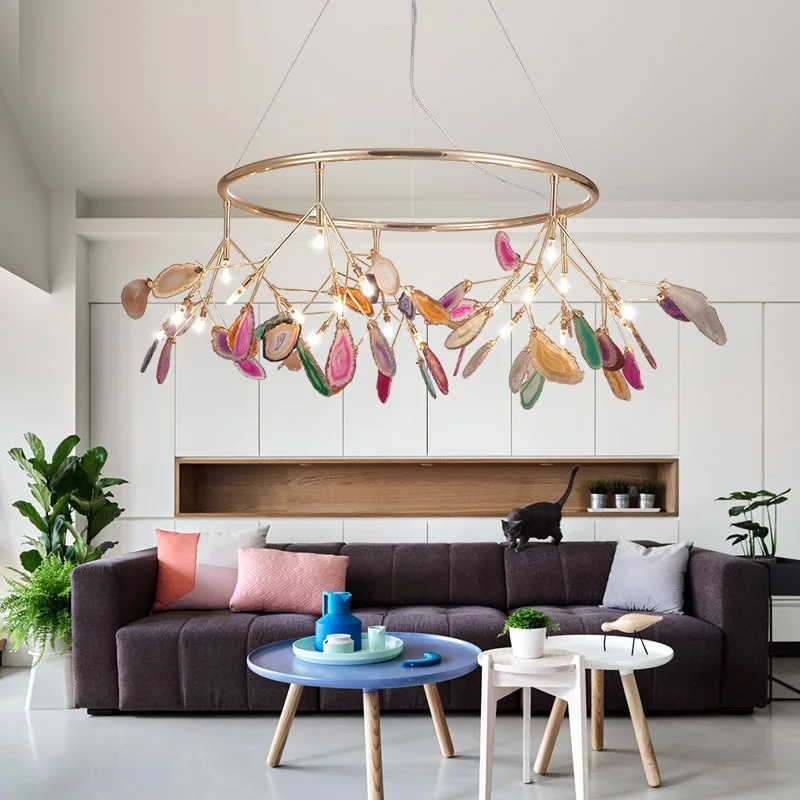 Modern Led Chandeliers Natural Colorful Agate Pendant Lamp Living Room Restaurant Bedroom Tree Lighting Fixtures Home Decoration