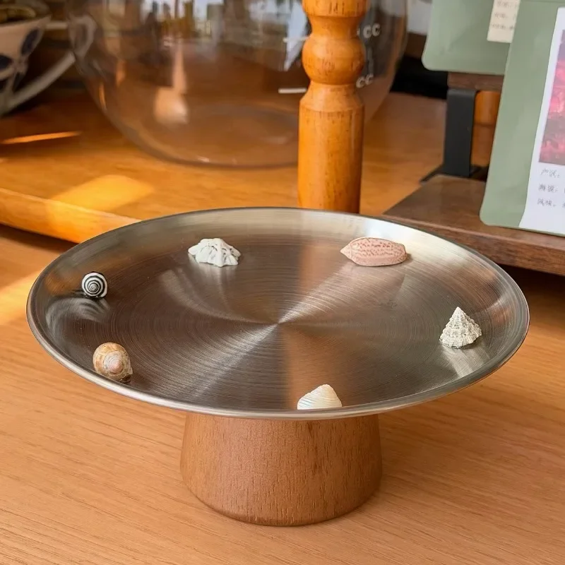 Natural Conch Shell & Stainless Steel Tray, Acacia Wood High Foot Dessert Plate, Jewelry Organizer for Home Decor, Unique Gift