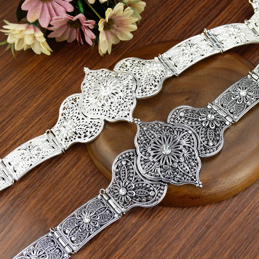 Retro Silver Color Caucasus Belt For Women Red Green Crystal Ottoman Wedding Jewelry Round Turkey Metal Dress Belt
