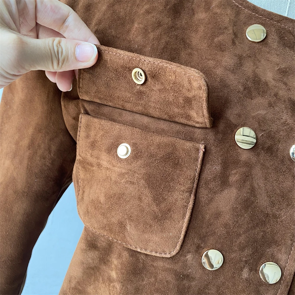 معطف شتوي نسائي من Luxyonuo سترة جلدية من جلد الغزال الحقيقي مزدوجة الصدر معطف مقصوص من الجلد الطبيعي وصل حديثًا 2025