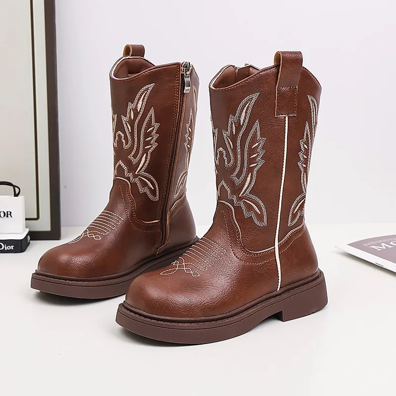 

Children Leather Boots Classic Cowboy Embroidery Girls Long Booties Kids Winter Round Toe Soft Snow Shoes Fashion Snow Boots