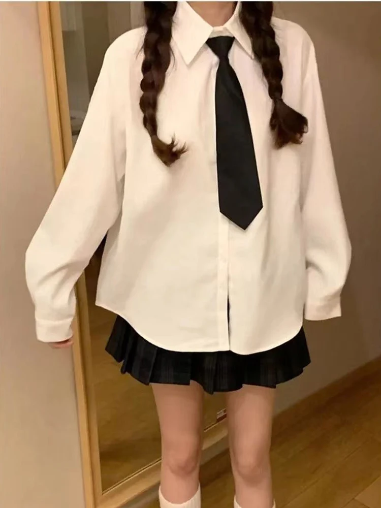 White Jk Women Shirt Tie Preppy Simple All Match Fall Loose Long Sleeve Blouse Daily Casual Fashion Japanese Uniform New Tops
