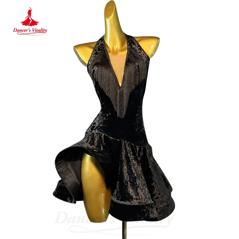 Latin Dance Performance Dress Customized V-neck Sexy Backless Velvet Fishtail Skirt Women Tango Chacha Samba Competition Dresses