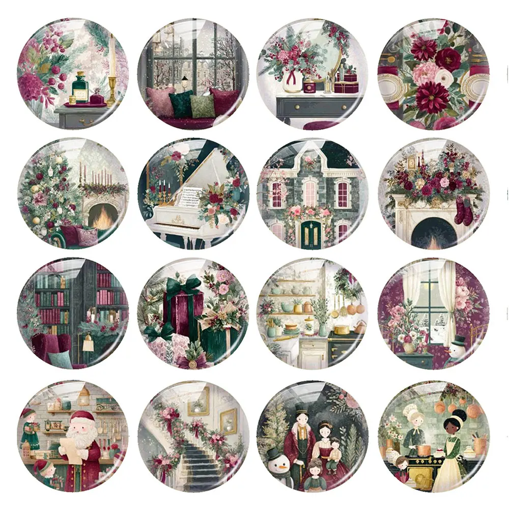Random Mixed Round/Oval/Square Christmas Winter Snowman Flower Photo Glass Cabochon Flatback Demo Cameo For Diy Jewelry Making
