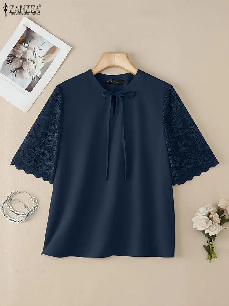 

Elegant Lace Patchwork Half Sleeve Blouses Women Casual Lace-Up O-Neck Solid Color Tops ZANZEA Korean Fashion Woman Clothes