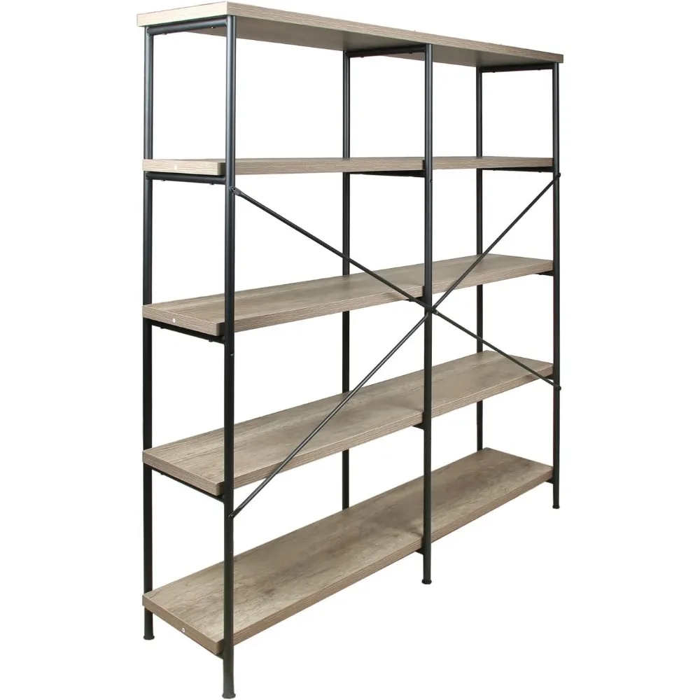 Bibliothèque double à 4 niveaux de style industriel rustique avec bois d'ingénierie écologique pour le bureau et le rangement à domicile