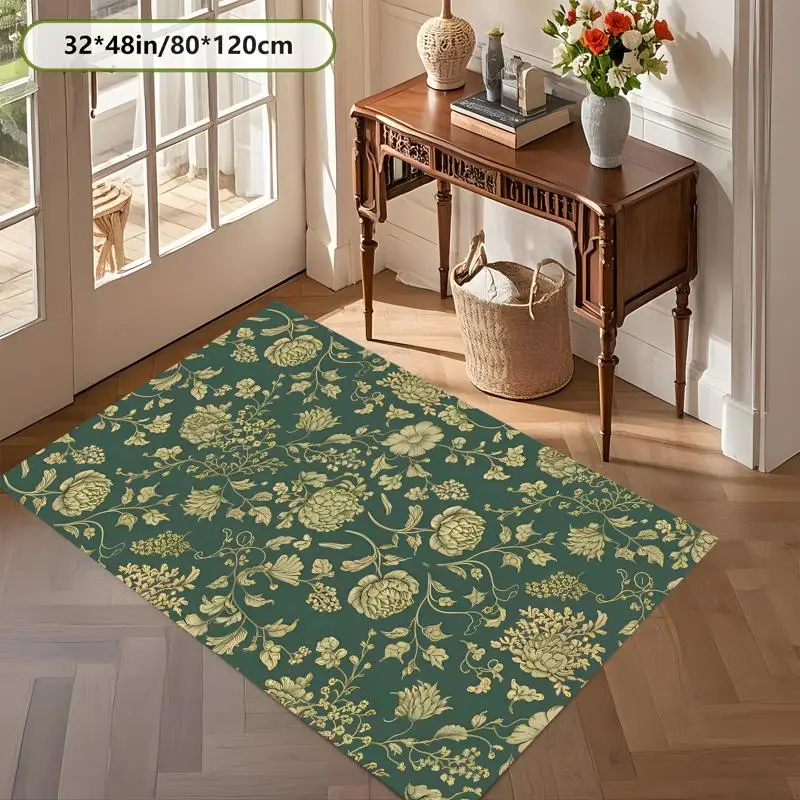 Dark Green Gilded Floral Rug Vintage Soft Velvet Living Room Bedroom Home Decor