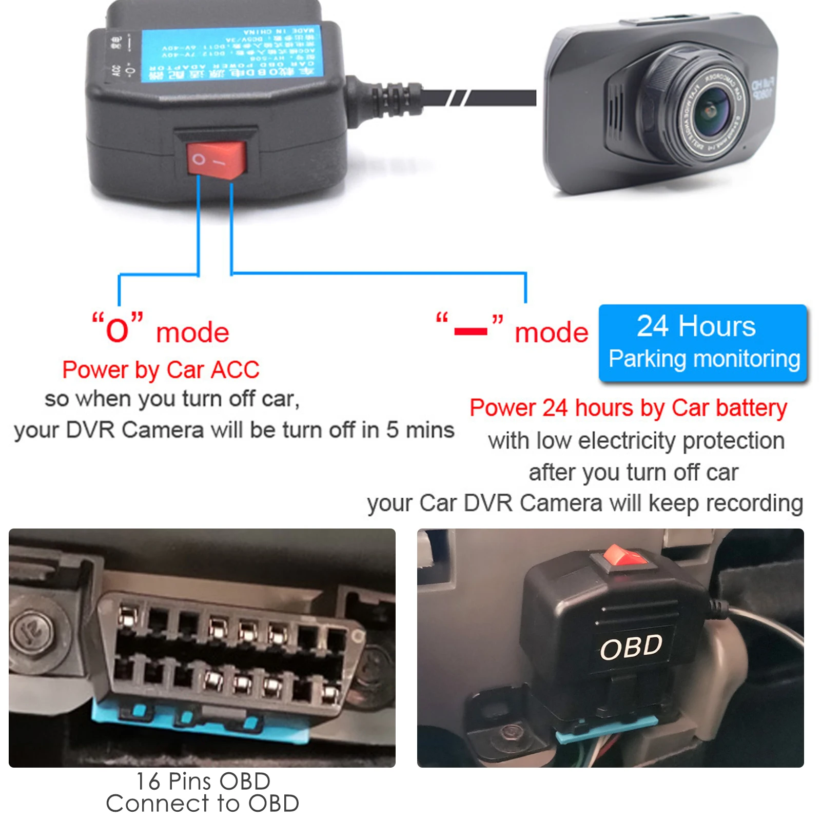 24 Hours Parking Monitoring 5V 3A USB Car Charge Cable OBD Hardwire Kit with Switch Wire for Dash Cam Camcorder Vehicle DVR