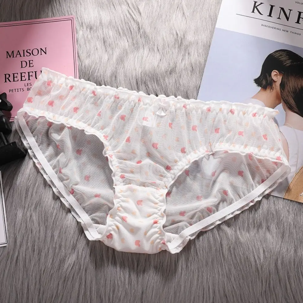 

Fashion Strawberry Mesh Ruffle Briefs Heart Moon Stars Women's Underpants Mid Waist Animal Transparent Panties Maiden