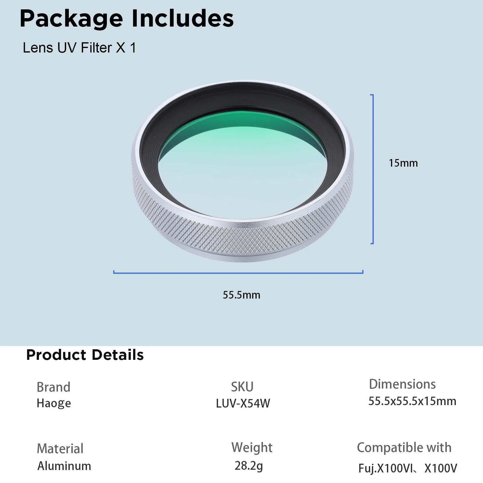 Haoge LUV-X54W Metall-Gegenlichtblende mit MC UV Mehrfach Beschichtetem Ultraviolett-Objektivfilter für Fujifilm Fuji X100VI X100V Kamera Silber – Detail 11