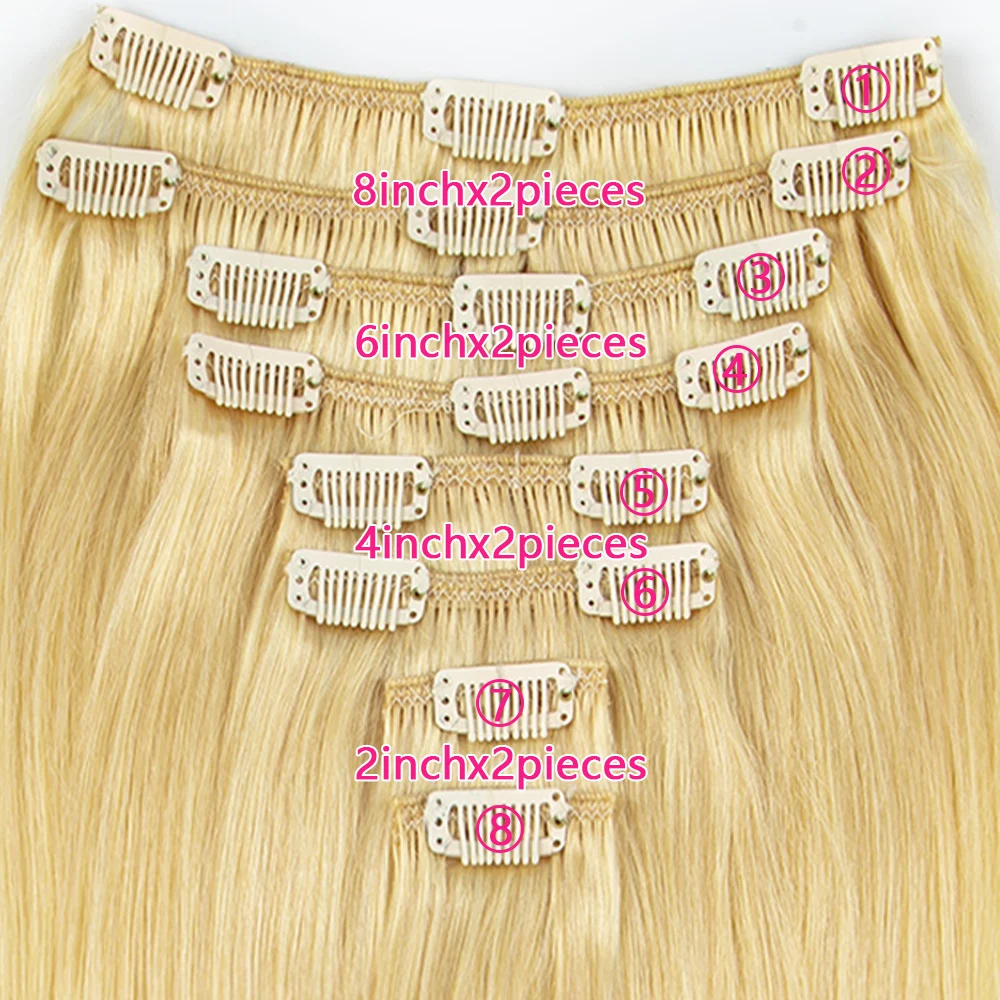 Clip diritta naturale brasiliana nelle estensioni dei capelli 100% colore reale dei capelli umani #613 18-26 pollici 8 pz/set estensioni dei capelli per le donne