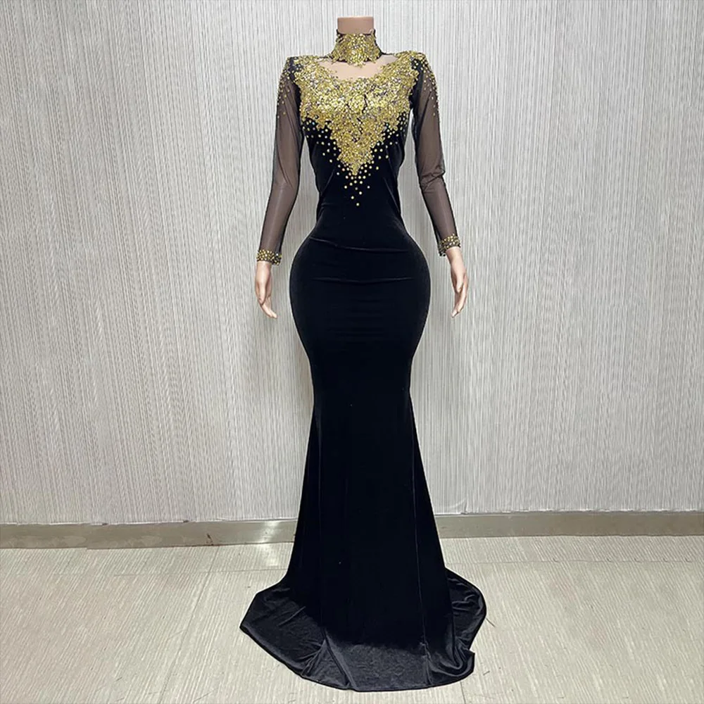 

Sexy Tight Black Velvet Rhinestone Celebrity Long Dress 2023 Elegant Evening Empress Cross dressing Stage Performance Costume