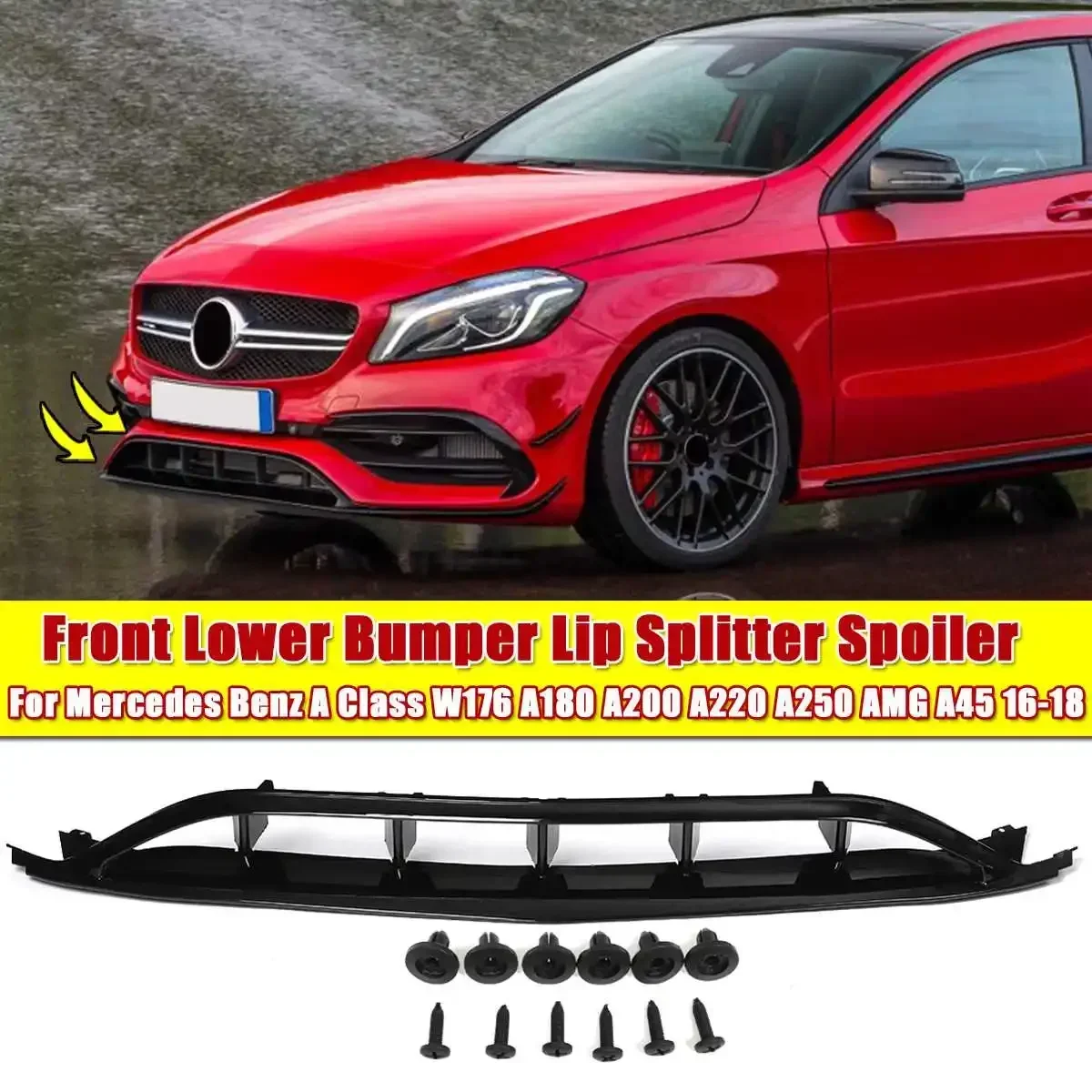 W176 Glanzend Geverfde Voorlip Met Zijsplitter Canards Schort Voor Benz A180 A200 A250 A45 Voor Amg 2016 2017 2018 7 Stuks Bodykit