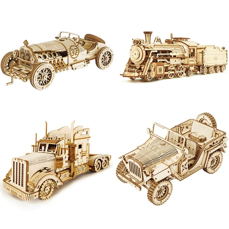 Robotime 3D Wooden Puzzle Heavy Truck Model Army Field Car Prime Steam Grand Prix Car Brain Teaser Toys for Adults and Kids