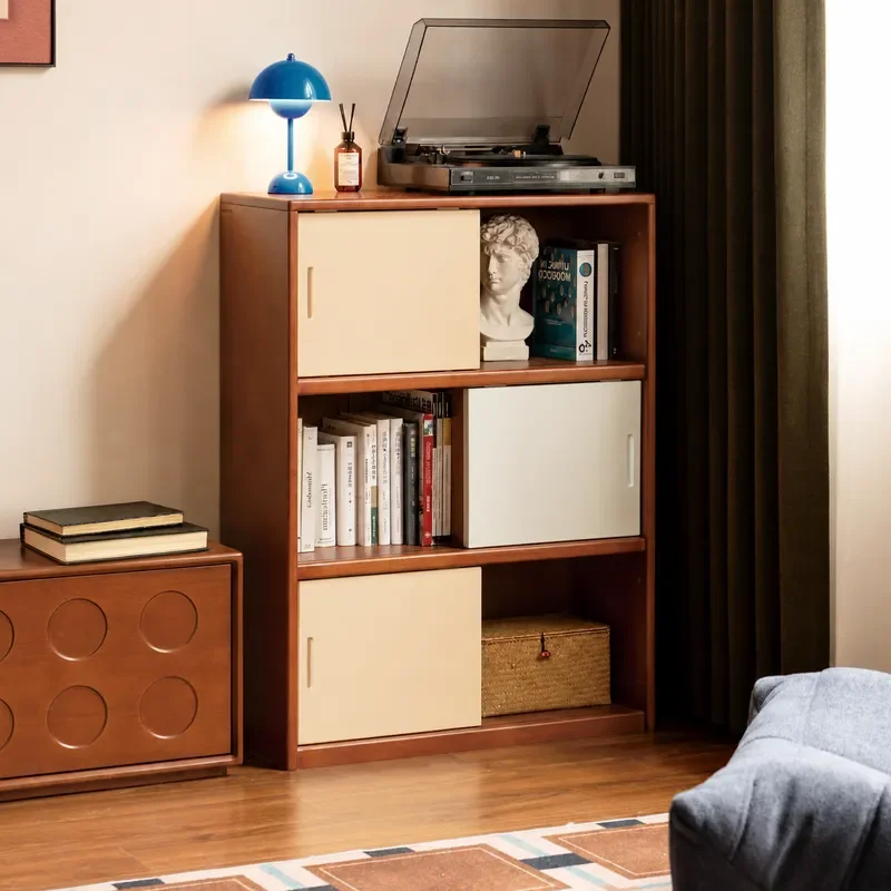 Medieval Solid Wood Combination Bookshelf Storage Dining Side Household Bookcase Floor Display Cabinet Small Apartment