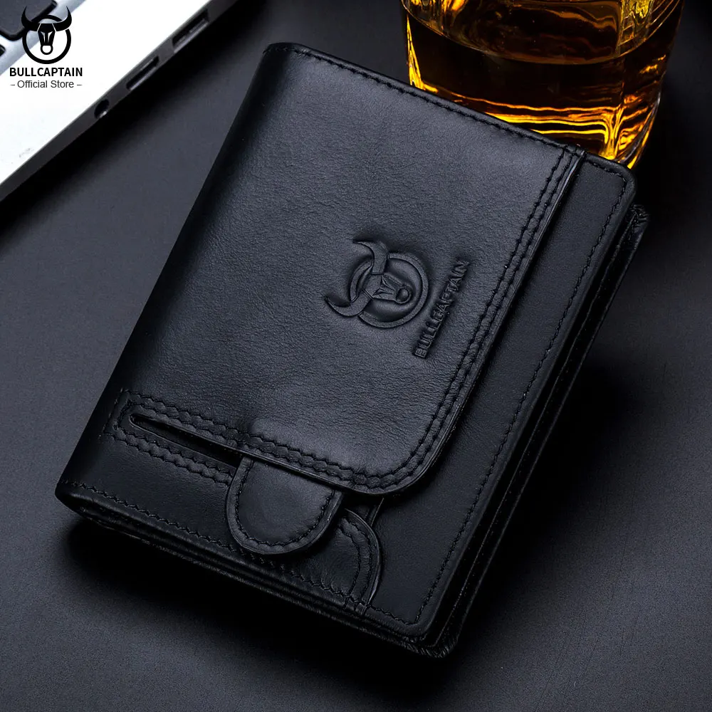 

Bullcaptain Genuine New RFID Men's Wallet Compact Mini Card Holder Large Capacity Card Wallets Genuine Leather Wallet Purse Man