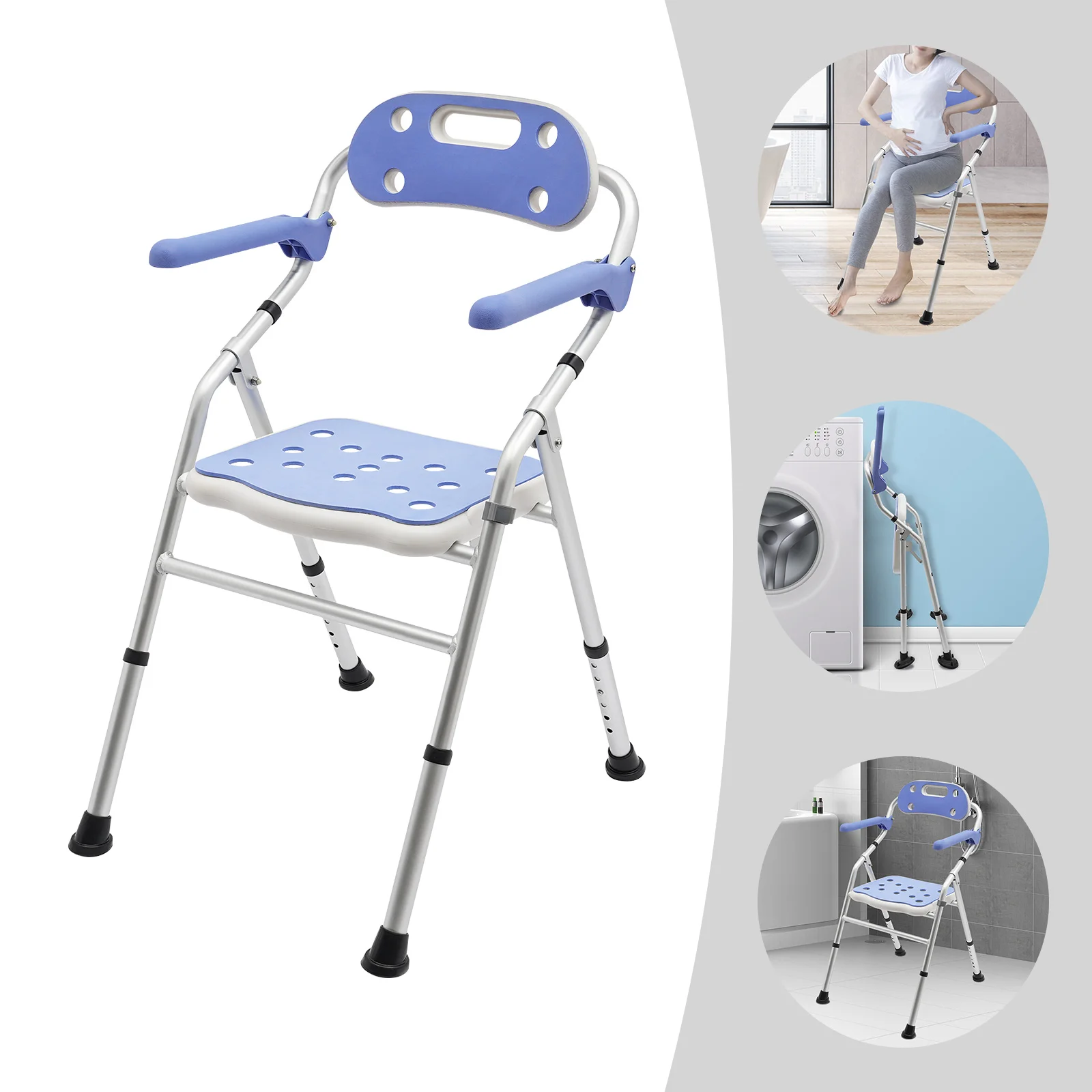 Shower Chair for Seniors Foldable Shower Stool with Side Handles and Backrest Height-Adjustable Shower Seat for Pregnant Women