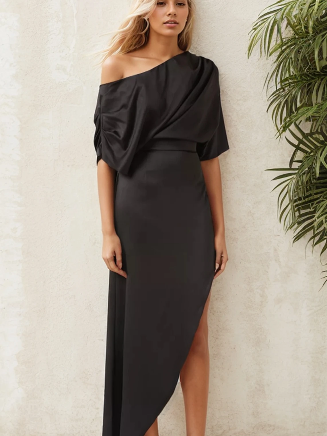 

Elegant A-Line Prom Gown One Shoulder Satin High Split Tea Length Dress Ruched Pleats Wedding Guest Dress 2025 Free Customized