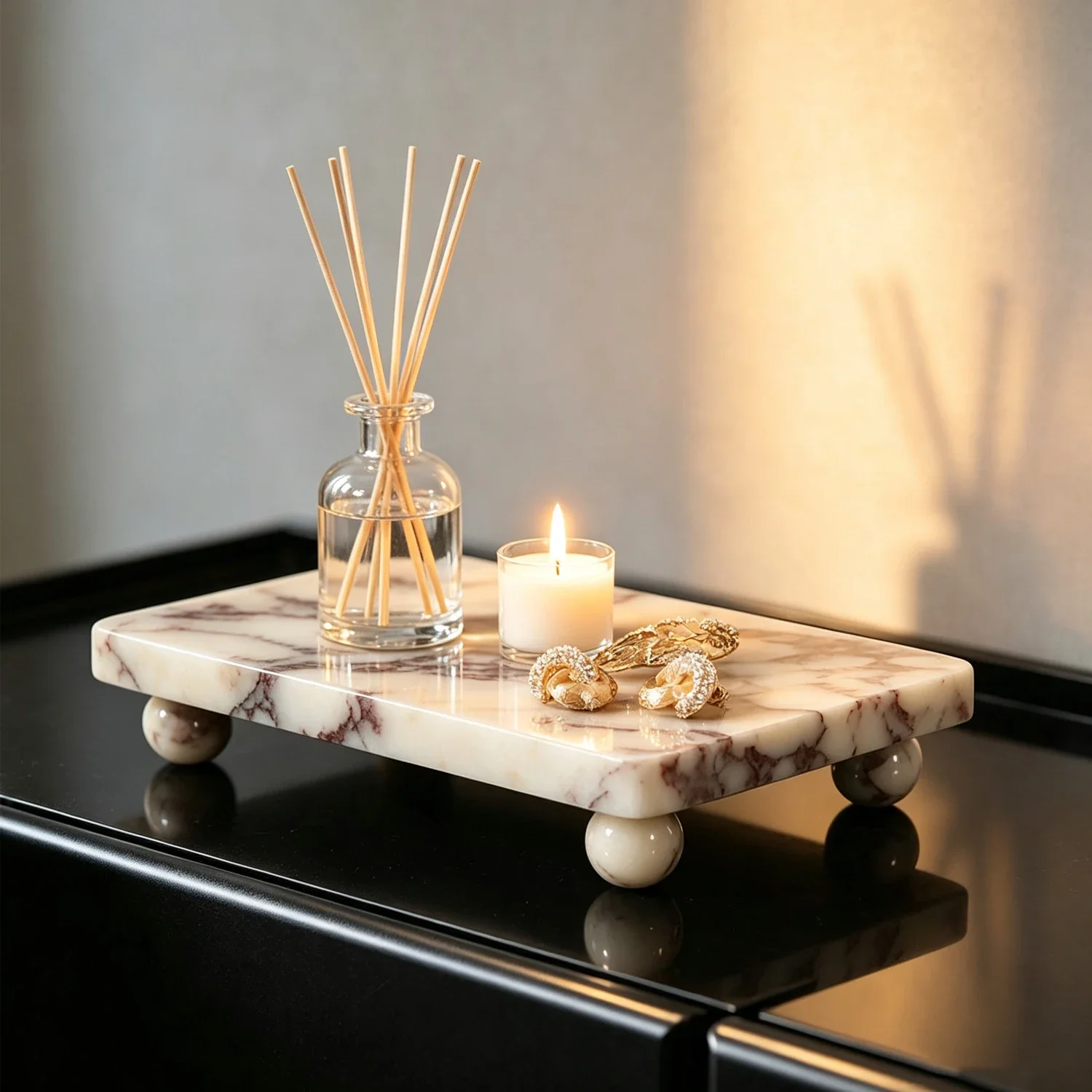 Calacatta Viola Marble Vanity Tray with Ball Feet Decorative Tray for Bathroom Kitchen Countertop Entryway Home Decor