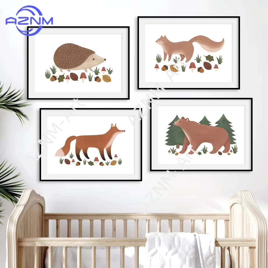 1pc Hedgehog Fox Bear Squirrel Woodland Alphabet Numbers Leaf Wall Art Aesthetics Print Canvas Painting Posters for Home Decor