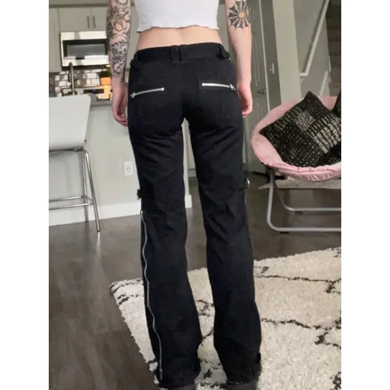 Emo-jeans met lage taille voor dames, donkere punkjeans, Y2k Grunge, Mall Gothic, zwart patchwork, electro-broek, mode-streetwear, Alt Cl