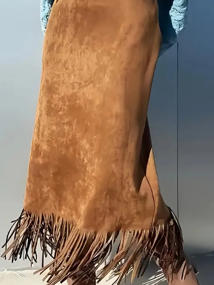 Autumn Fashion Sexy A-line Long Skirts Vintage Clothes Solid Suede Tassel Skirt Woman Spring Fashion High Waist Slim Hips Skirt