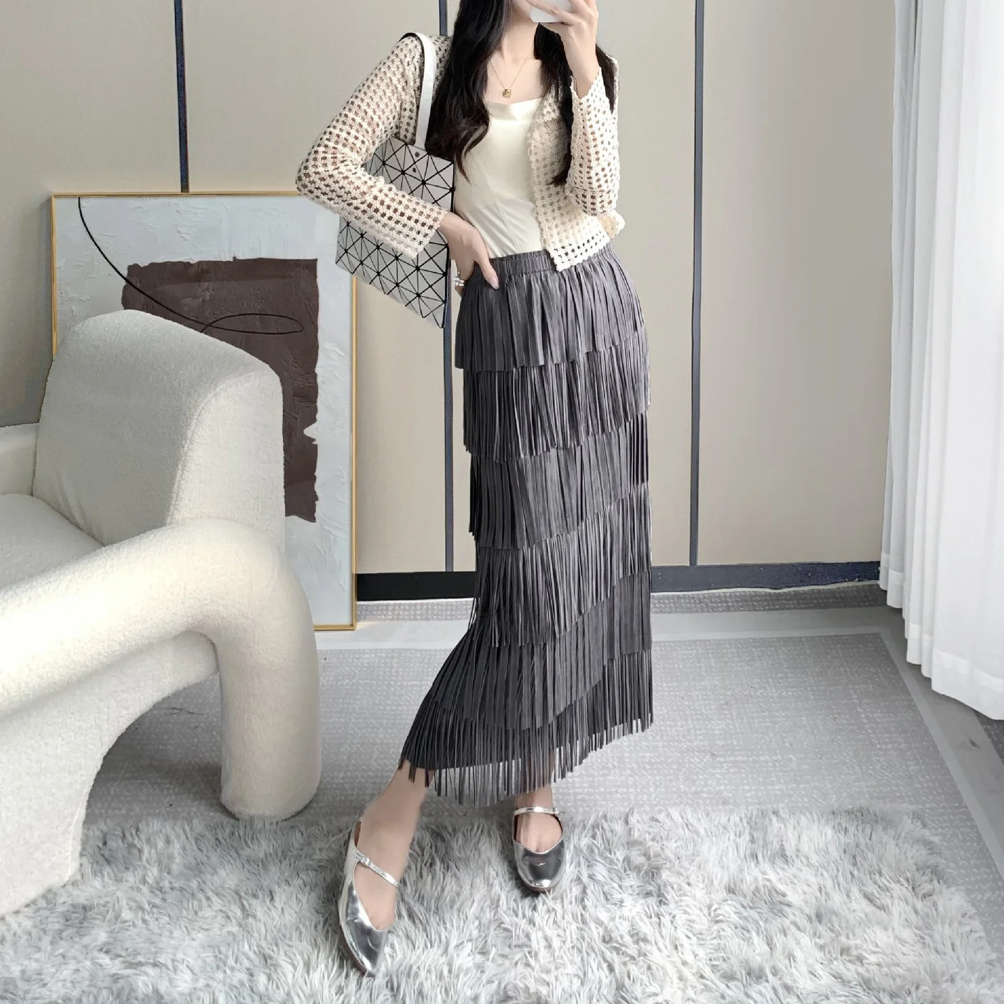 Pleats Pleated Skirt Fall New Niche Design Pleated Half Skirt Women High Waist Retro Tassel Thin Half-body Skirt Women Clothing