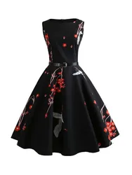 Floral Print Summer Dress Women  Sleeveless Tunic Elegant Vintage Dress Belt Party Dresses Casual Sundress vestido