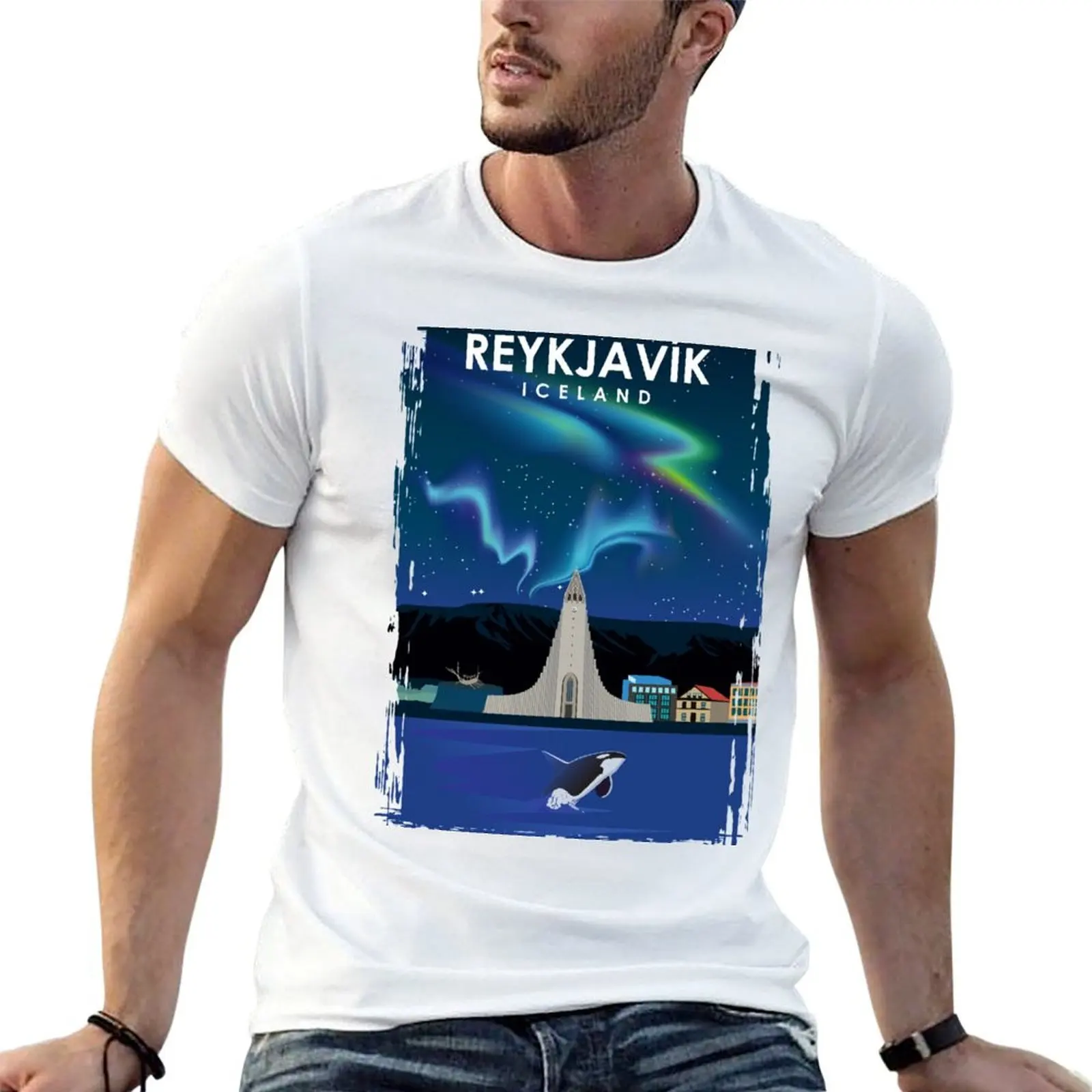 Reykjavik Iceland northern lights Travel Poster T-Shirt t shirts with prints men t shirt cotton 100% cotton tshirt 100% T-Shirt