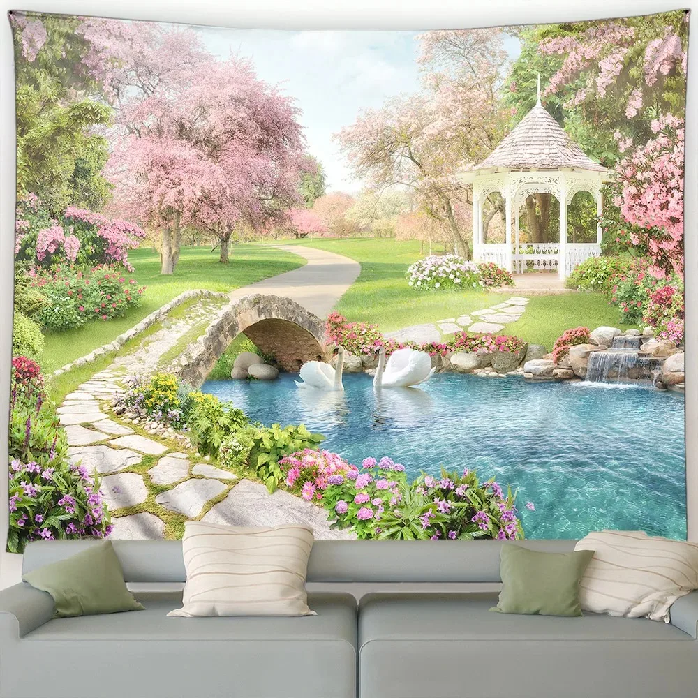 Garden landscape tapestry pink cherry blossom tree pattern home decoration wall background cloth house living room hanging cloth