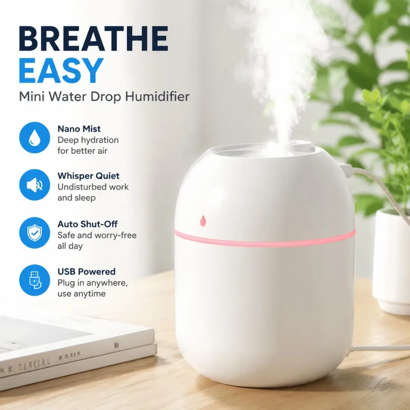 Compact USB Aroma Mist Humidifier Mini Desktop Air Moisturizer Portable Fragrance Diffuser Fine Water Spray Refreshing Dry Air