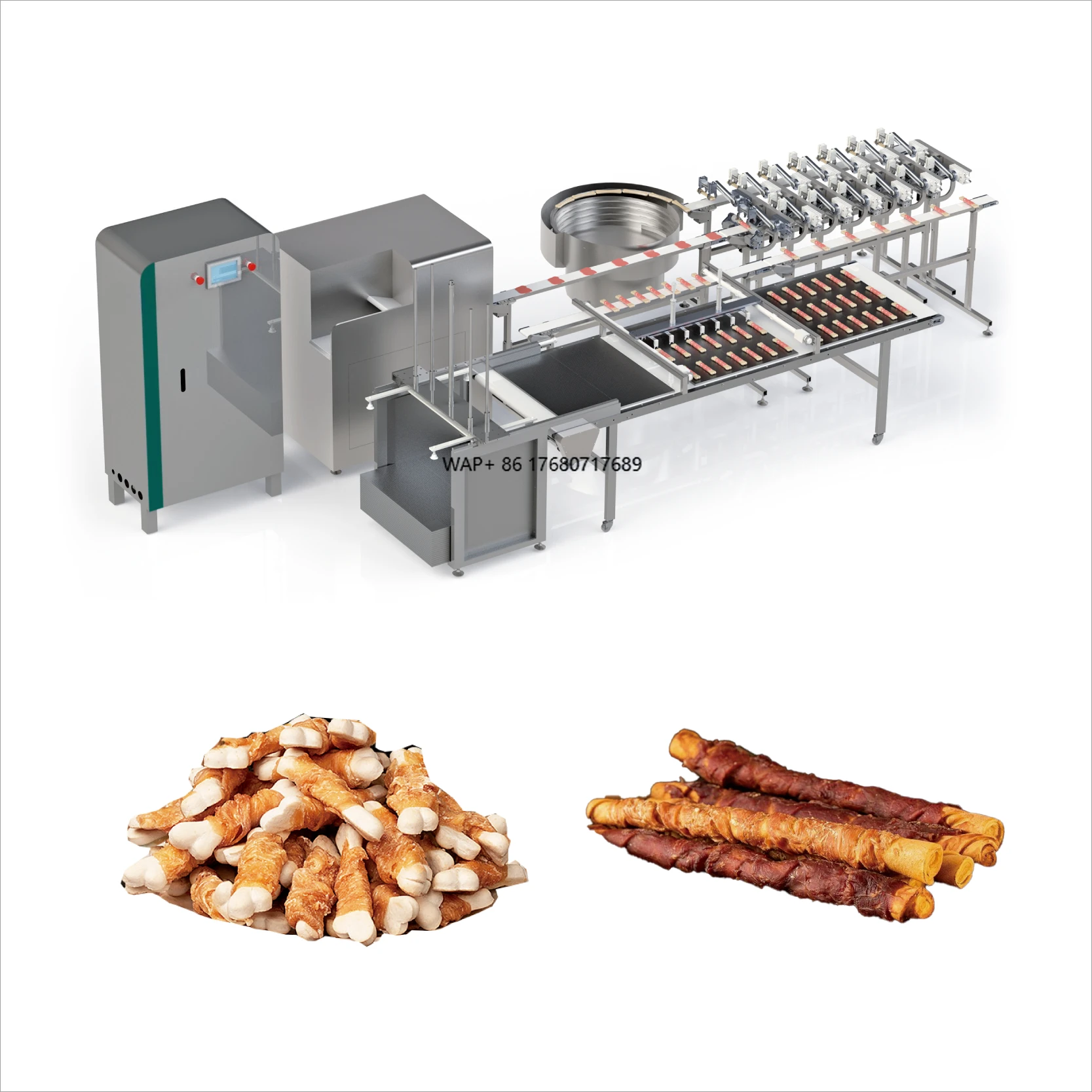 معدات تجهيز أغذية الحيوانات الأليفة لخط إنتاج أغذية القطط الأوتوماتيكي بالكامل خط تغليف شرائح اللحوم على شكل عظمة الكالسيوم التلقائي