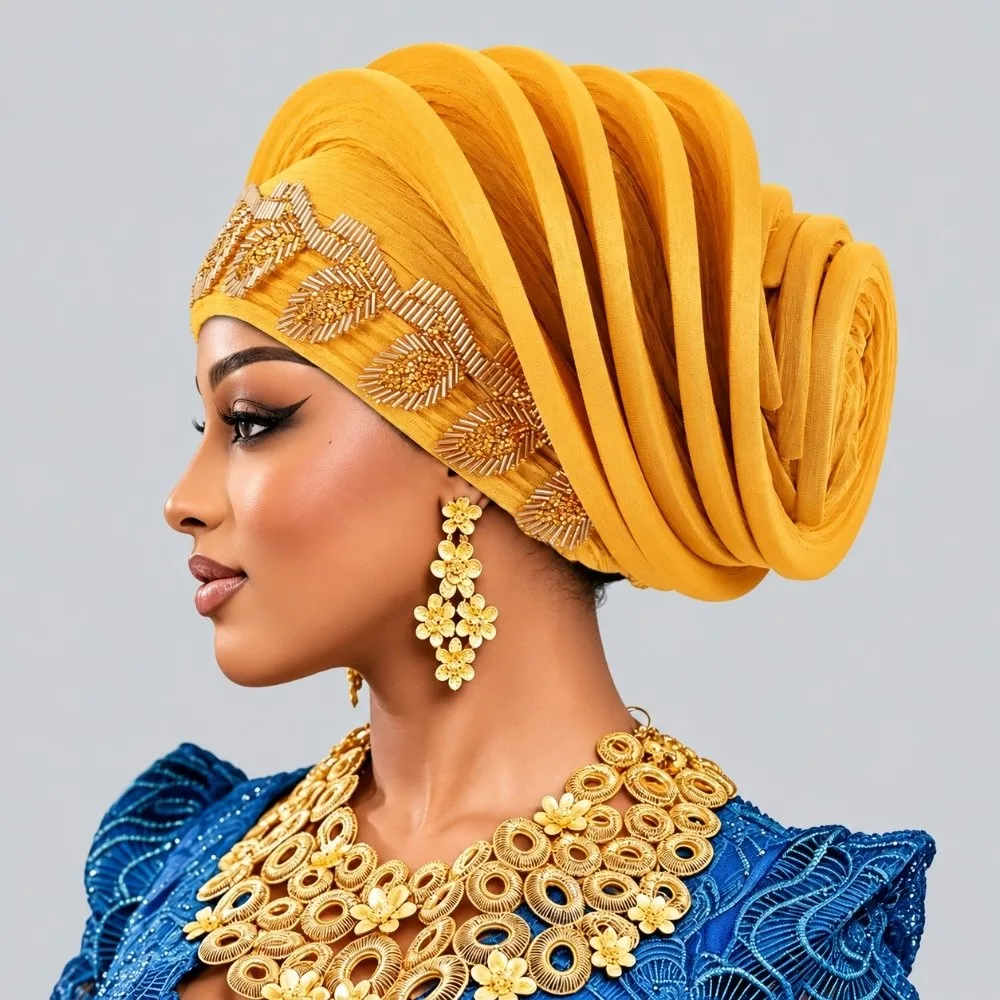 Shiny African Gele Headwrap Leaf Gold Embellished Yoruba Turban Hat Pre-tied Multiple Color Options Traditional Headpiece Daily