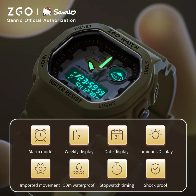 ZGO PomPomPurin Sanrio Watch For Kids Girls Boys 2024 New Style Sports Electronic Waterproof Girl Electronic Watch Gift 810