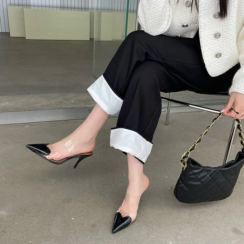 

2025 Women's High Heeled Sandals Spring and Summer New Pointed Heart Tinted Heeled Transparent Strap Muller Shoes