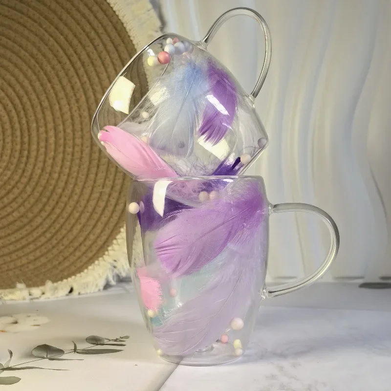 

250/350ML Double Wall Coffee Mug with Handles Clear Milk Cups Gifts Glass Cup Household Office Fill Simulation Feather Teacup