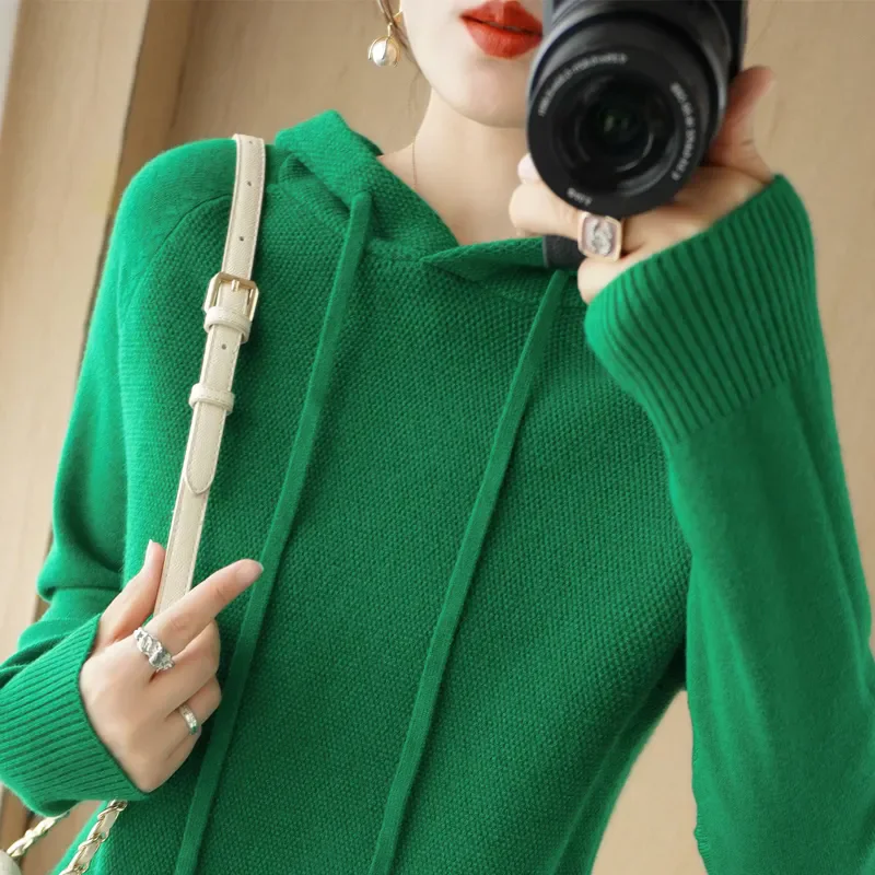 

Korean Hooded Knitted Pullover Sweater Woman Autumn Winter New Long Sleeve Solid Color Casual knitwear Tops Fashion Jumper T1460