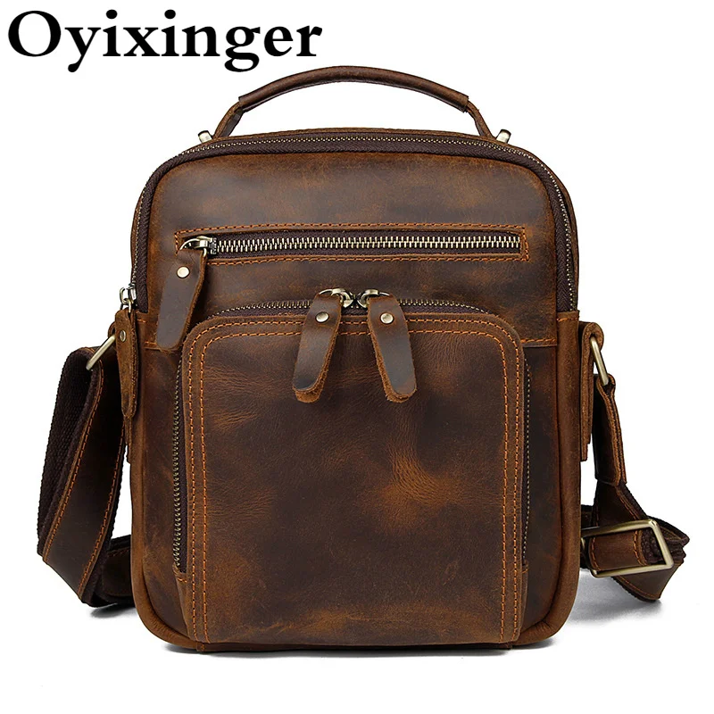 

Oyixinger Vintage Crossbody Bag Crazy Horse Men Messenger Bags Genuine Leather Casual Travel Handbag Business Male Shoulder Bag