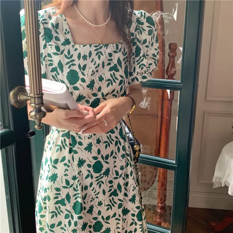 Initial Love Blumendruck Dr. Summer Fre Anti-Aging 2025, neuer quadratischer Kragen, Bubble Sve, taillierter Eleganzrock für Damen