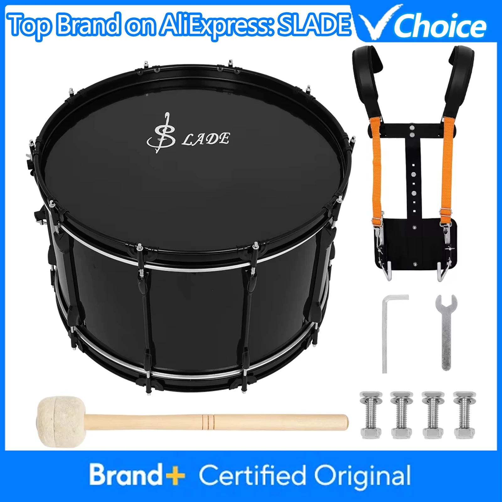 Tambor de Marcha Negro de 22 Pulgadas, de Metal y Madera Sólida, con Soporte, Correa para el Hombro, Llave, Baqueta y Accesorios de Percusión