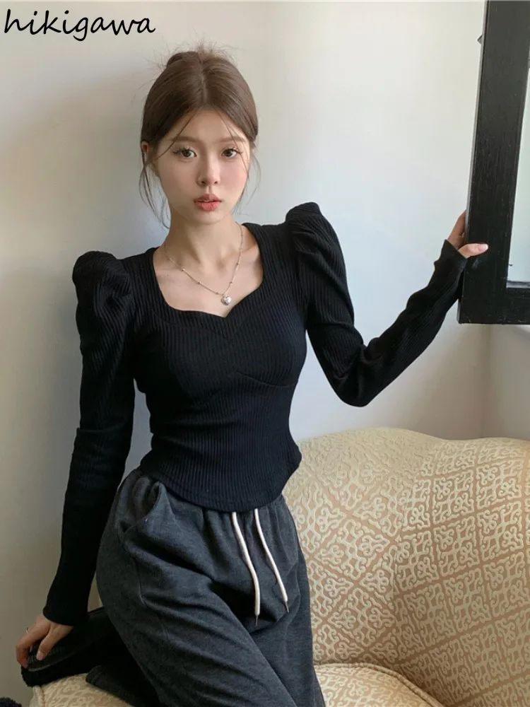 2024 Shirts for Women Black Tshirts Square Collar Puff Sleeve Tunic Tees Ropa Mujer Crop Tops Casual Fashion Korean Y2k T Shirt