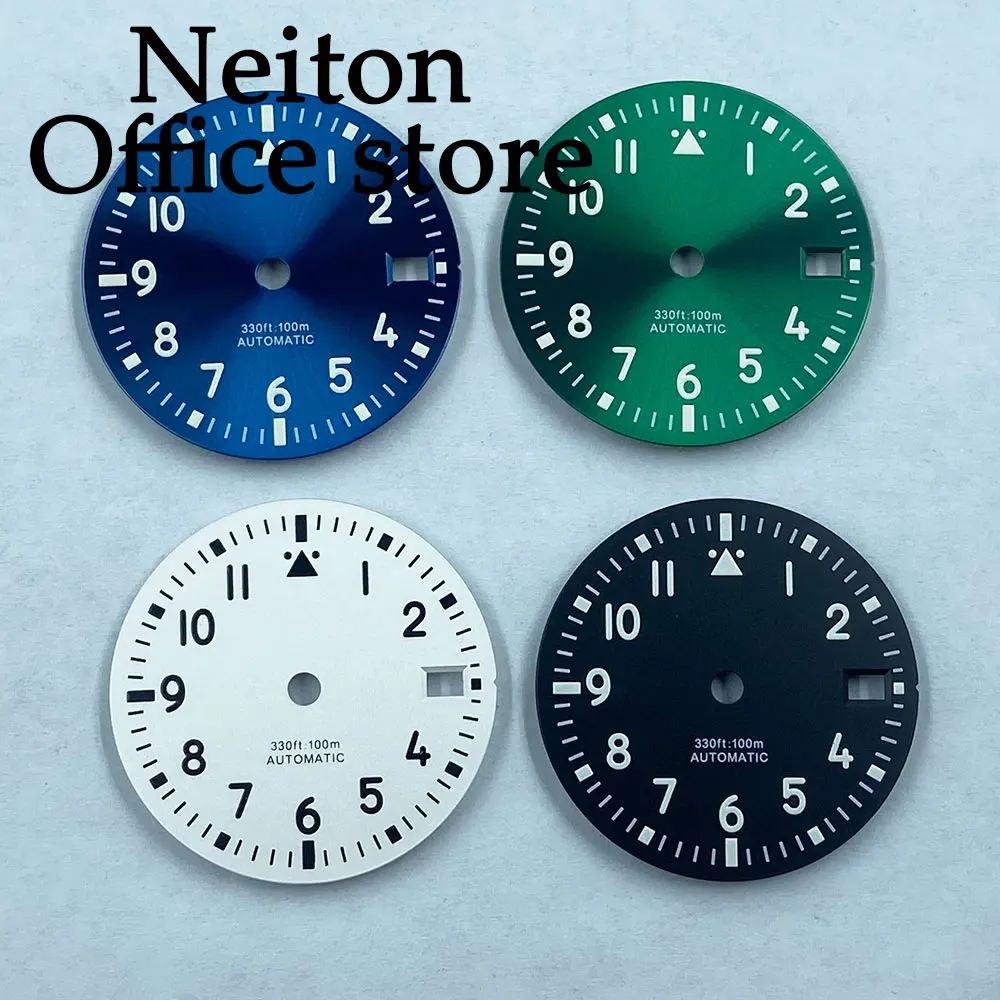 NEITON 29mm black blue green white sterile watch dial luminous fit NH35 movement fit 3 o\'clock crown 3.8 o\'clock crown