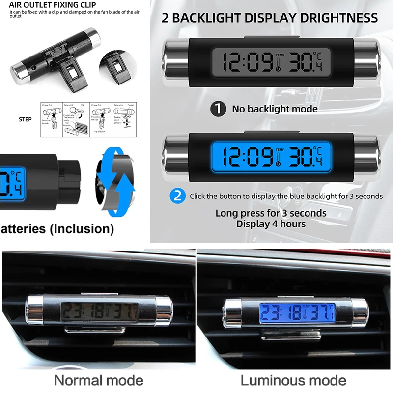 2 IN 1 Electronic Car Clock Thermometer Time Watch Auto Clocks Luminous LCD Digital Display Dashboard Styling Accessories